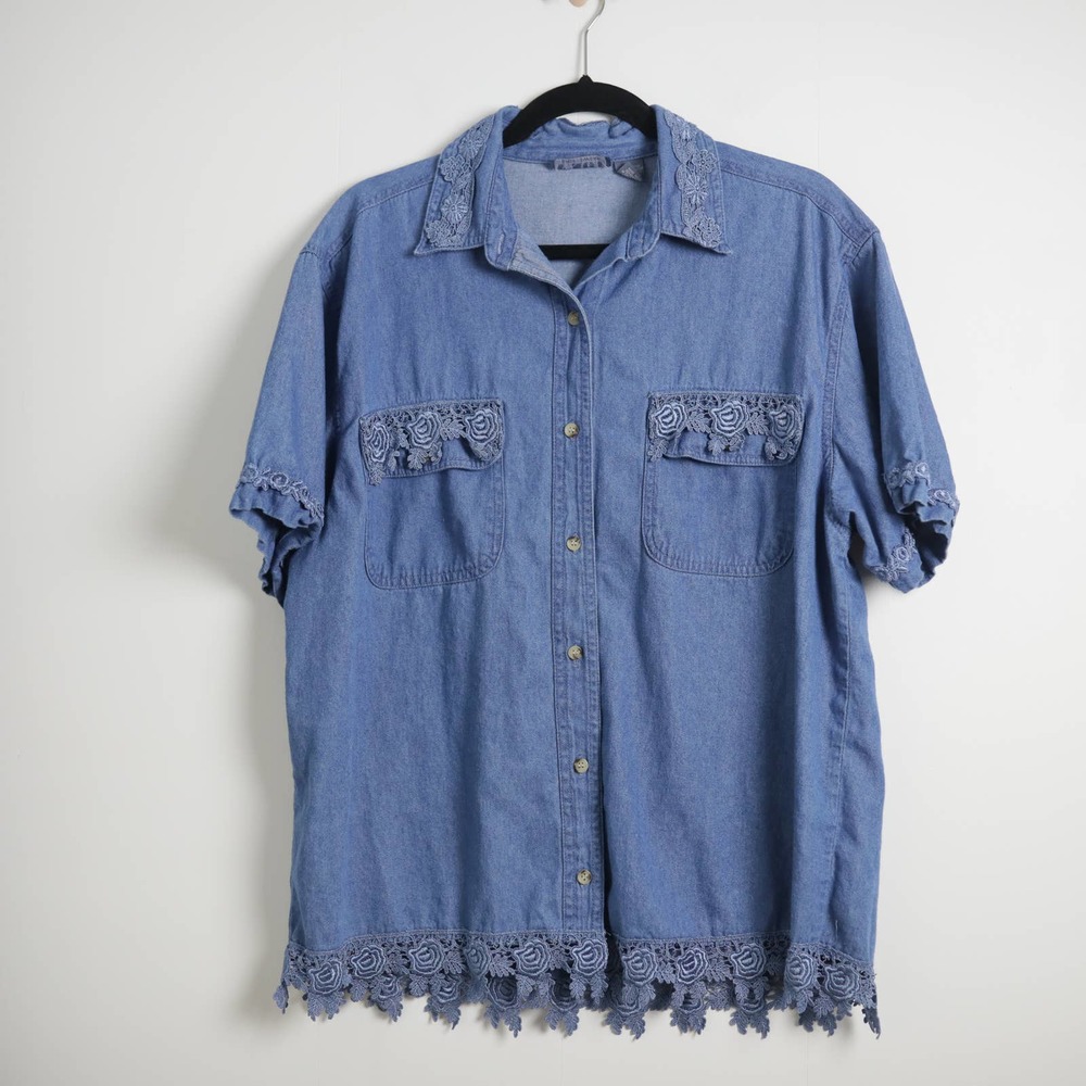 Y Not Sportswear Denim Aesthetic Floral Lace Buttoned Short Sleeve Top